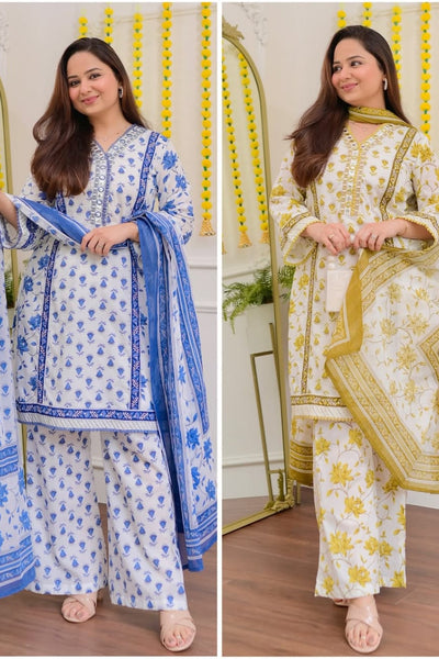 Handblock Floral Printed Cotton Suit Set – Blue & Mustard Yellow Variants