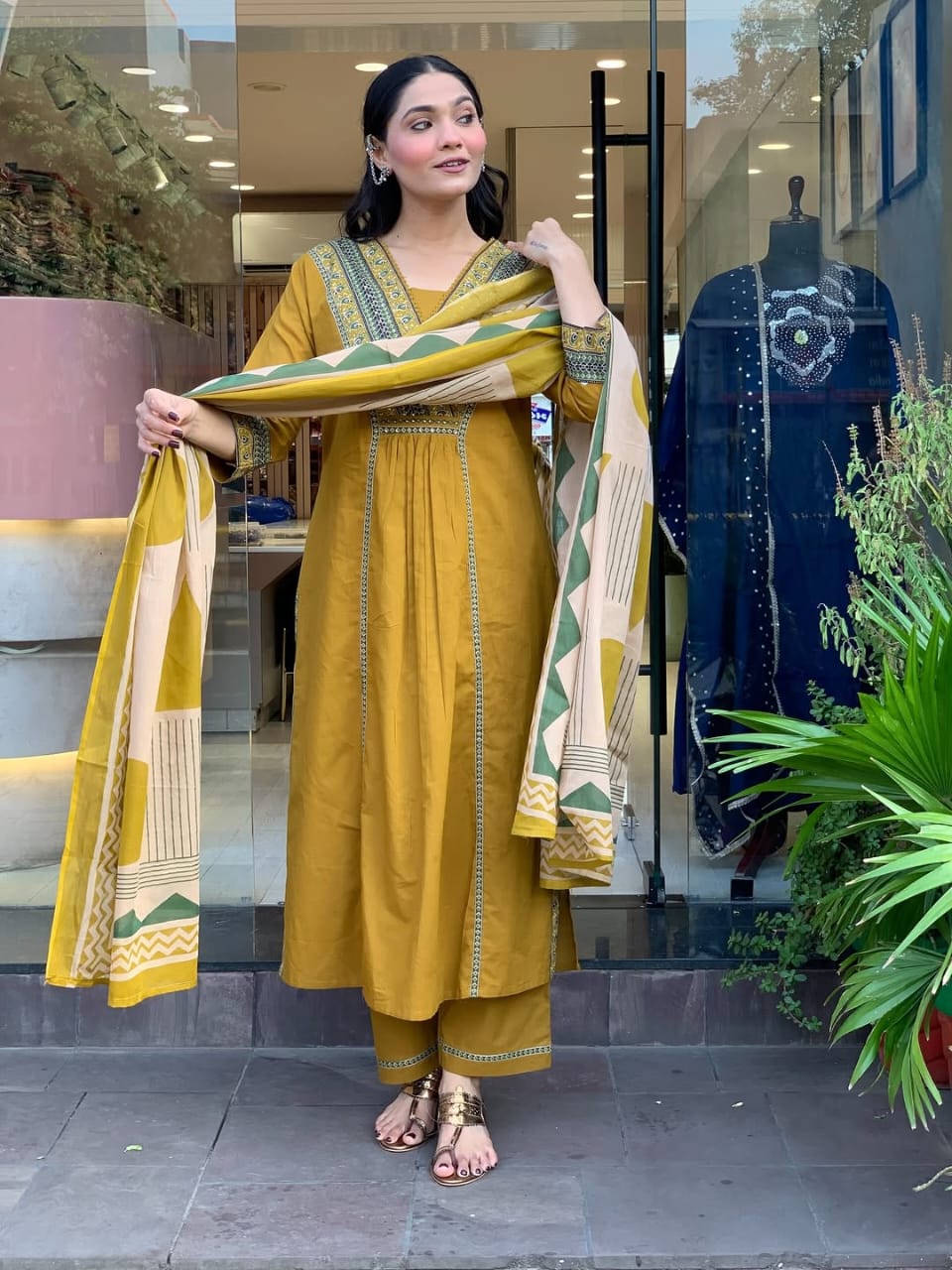 Elegant Mustard Embroidered Cotton Suit Set with Geometric Print Dupatta