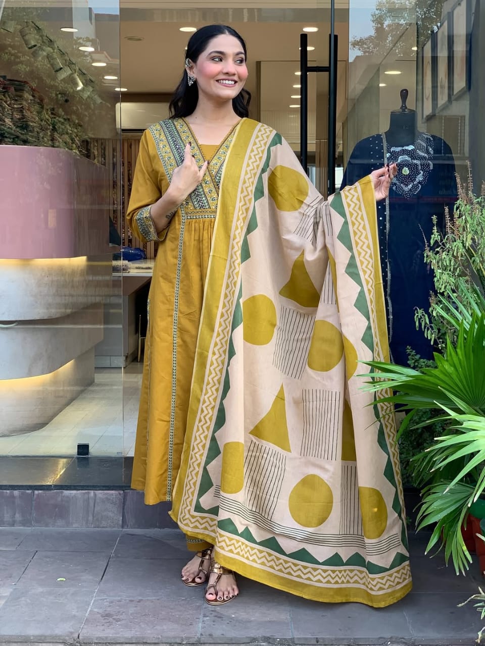 Elegant Mustard Embroidered Cotton Suit Set with Geometric Print Dupatta