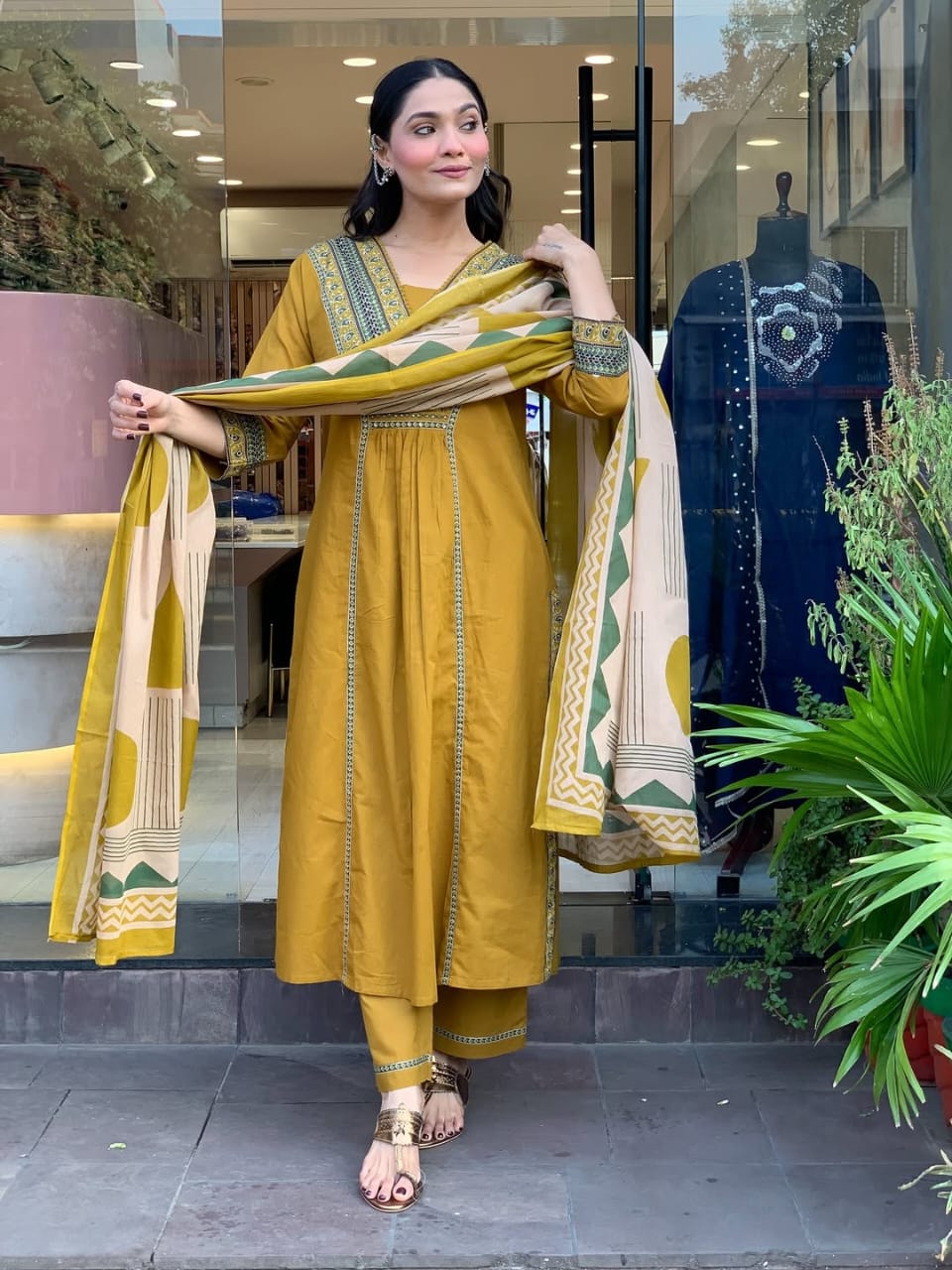 Elegant Mustard Embroidered Cotton Suit Set with Geometric Print Dupatta