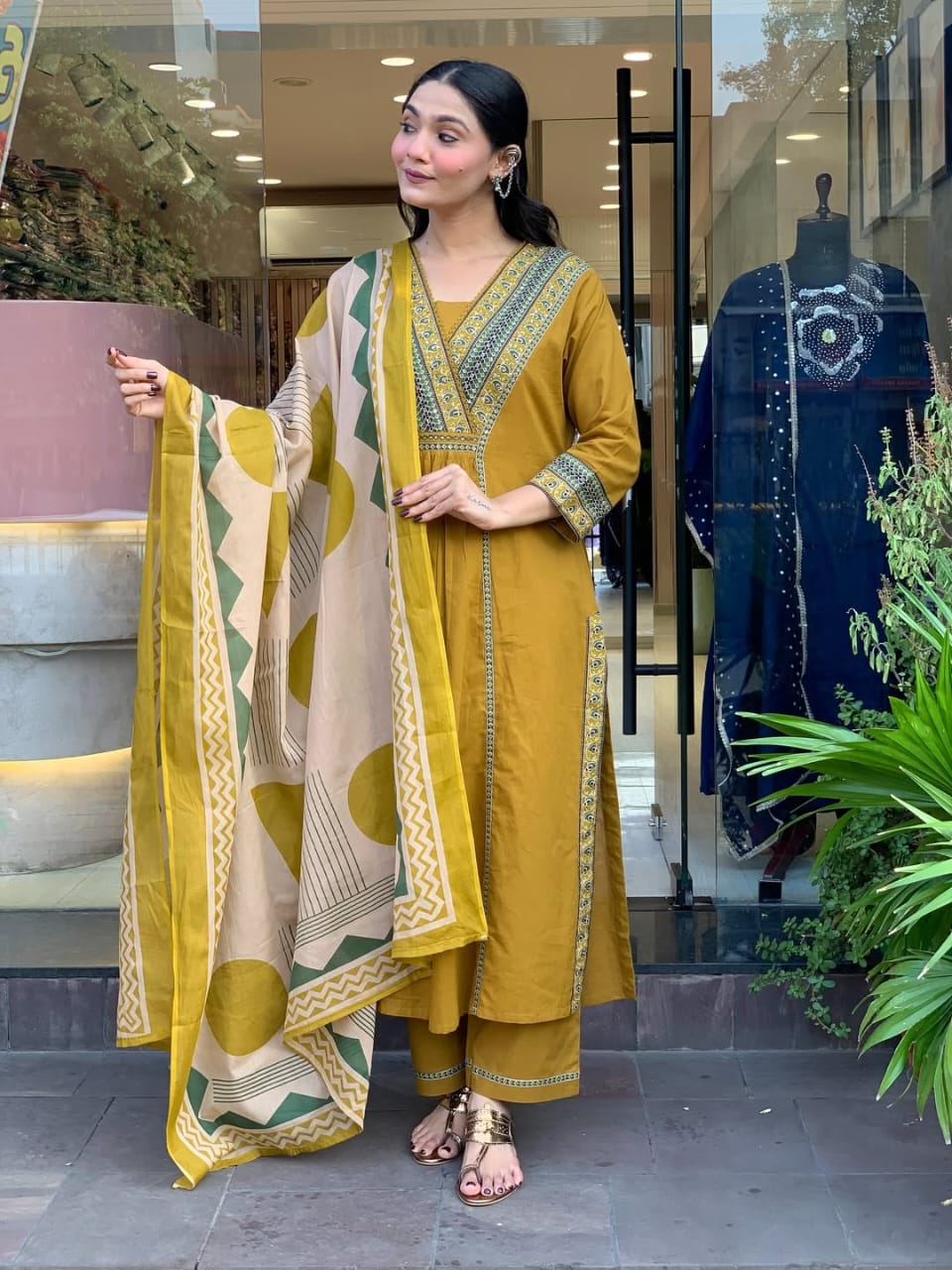 Elegant Mustard Embroidered Cotton Suit Set with Geometric Print Dupatta