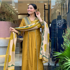 Elegant Mustard Embroidered Cotton Suit Set with Geometric Print Dupatta