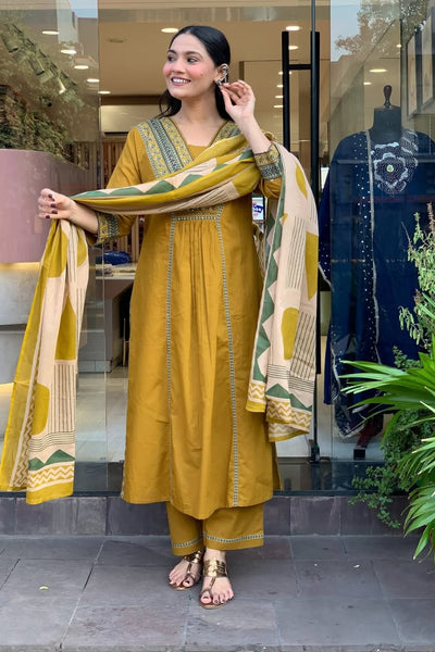 Elegant Mustard Embroidered Cotton Suit Set with Geometric Print Dupatta