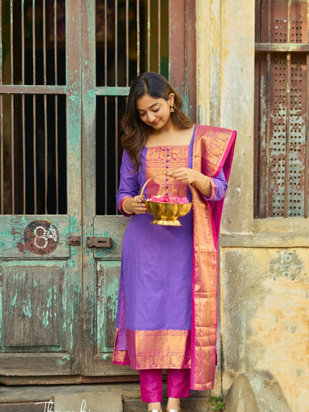 Pure Kanchi Cotton Handwoven Suit Set with Zari Jacquard Dupatta