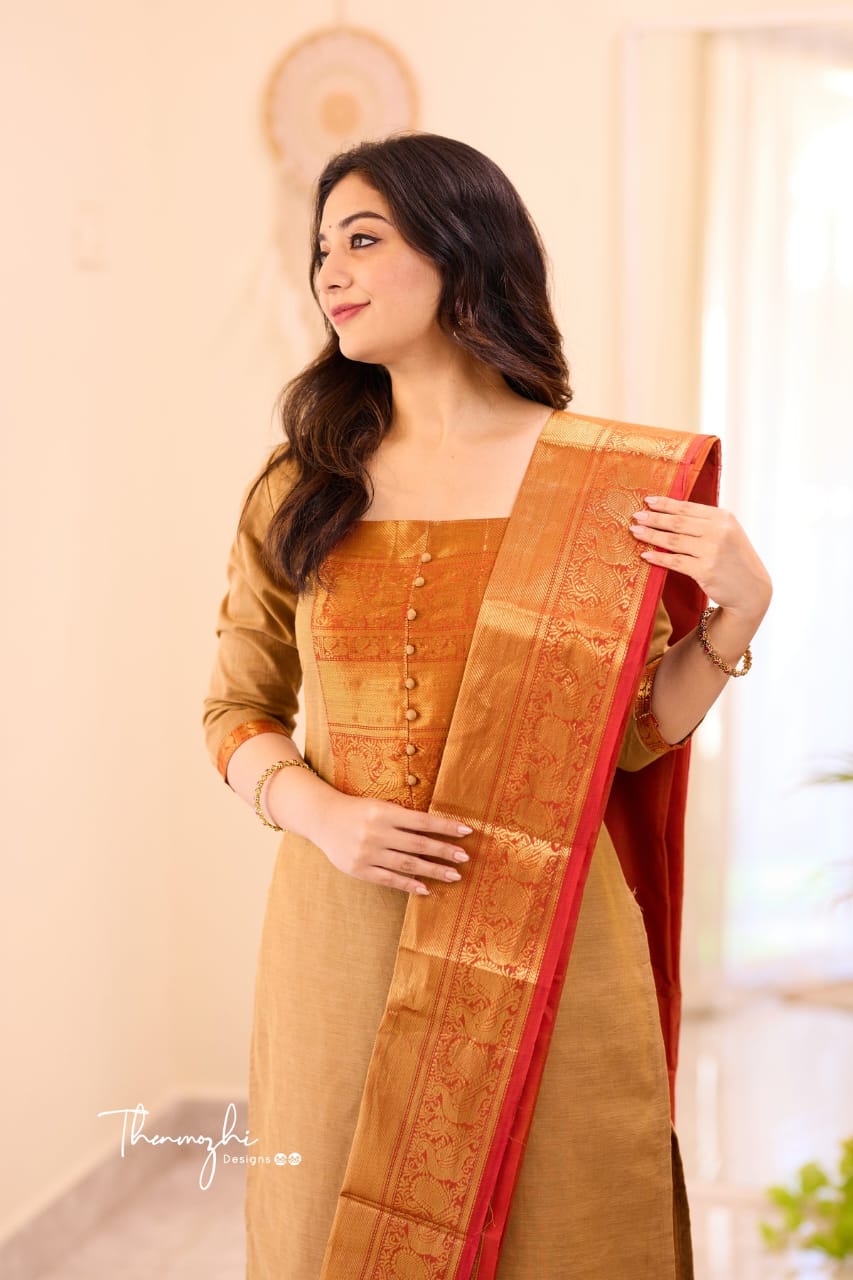 Pure Kanchi Cotton Handwoven Suit Set with Zari Jacquard Dupatta