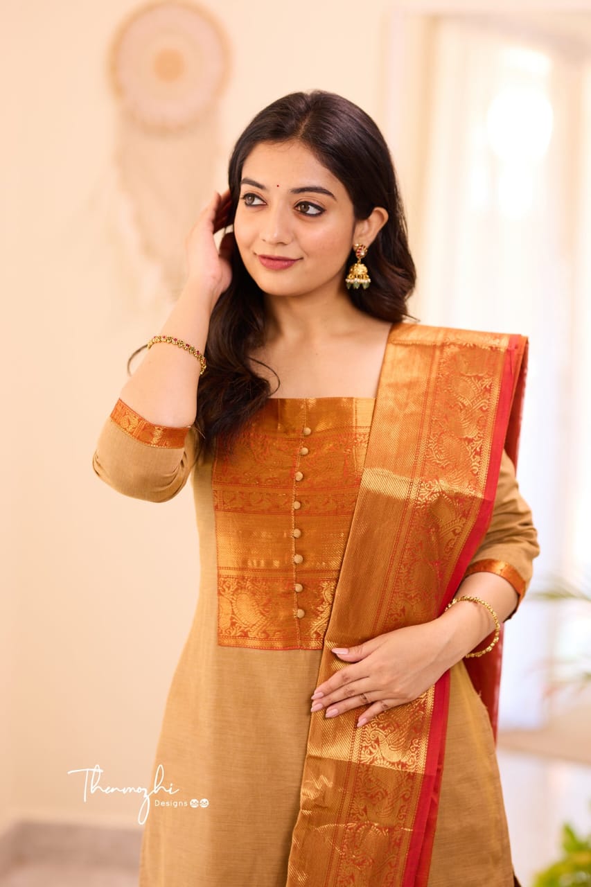 Pure Kanchi Cotton Handwoven Suit Set with Zari Jacquard Dupatta