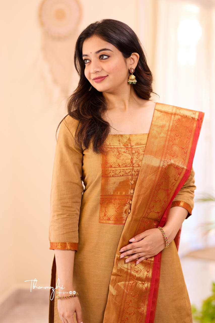 Pure Kanchi Cotton Handwoven Suit Set with Zari Jacquard Dupatta