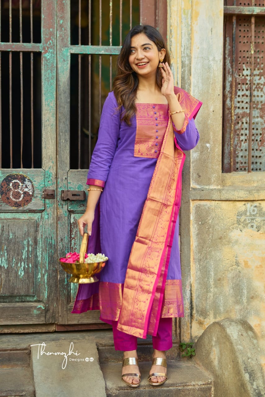 Pure Kanchi Cotton Handwoven Suit Set with Zari Jacquard Dupatta