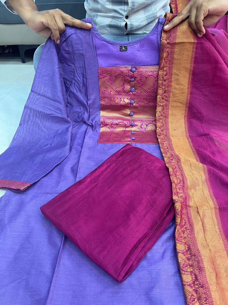 Pure Kanchi Cotton Handwoven Suit Set with Zari Jacquard Dupatta