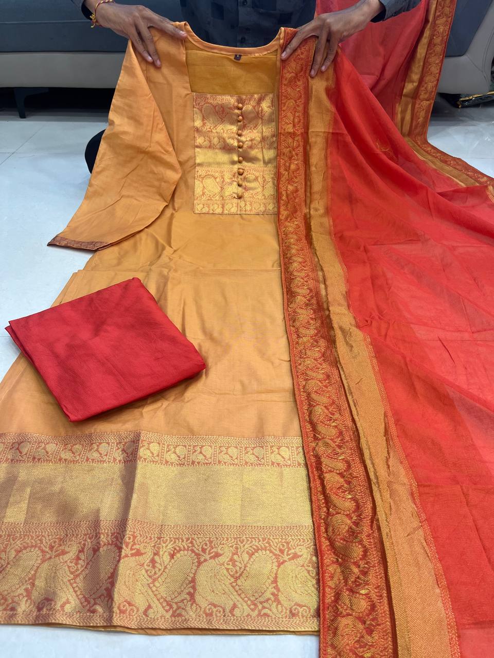 Pure Kanchi Cotton Handwoven Suit Set with Zari Jacquard Dupatta