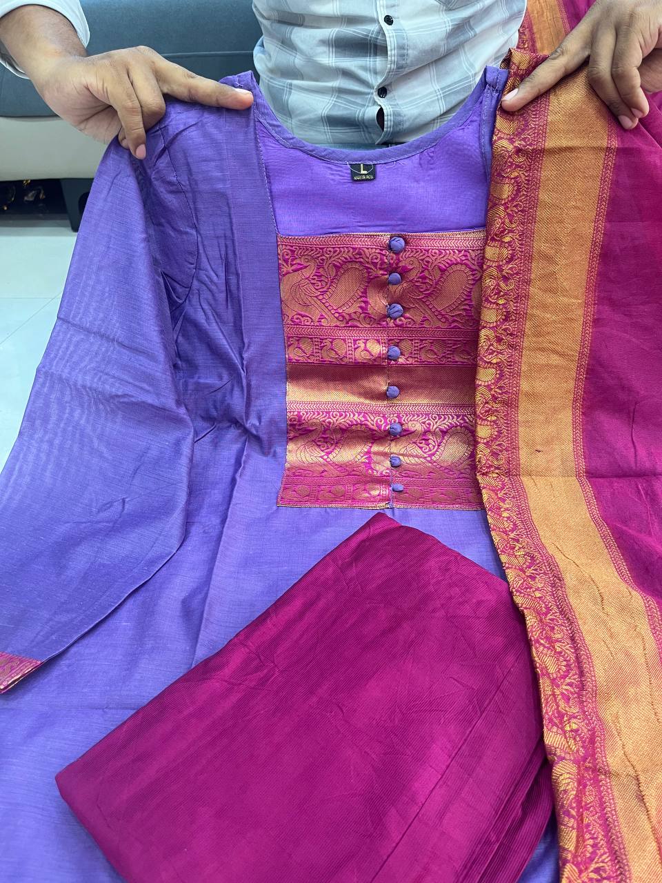 Pure Kanchi Cotton Handwoven Suit Set with Zari Jacquard Dupatta