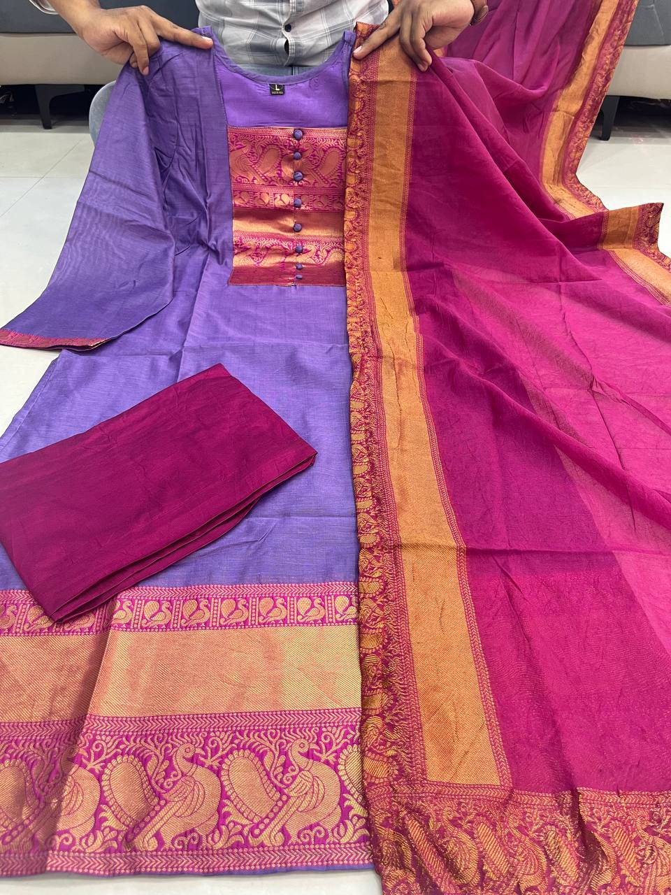 Pure Kanchi Cotton Handwoven Suit Set with Zari Jacquard Dupatta