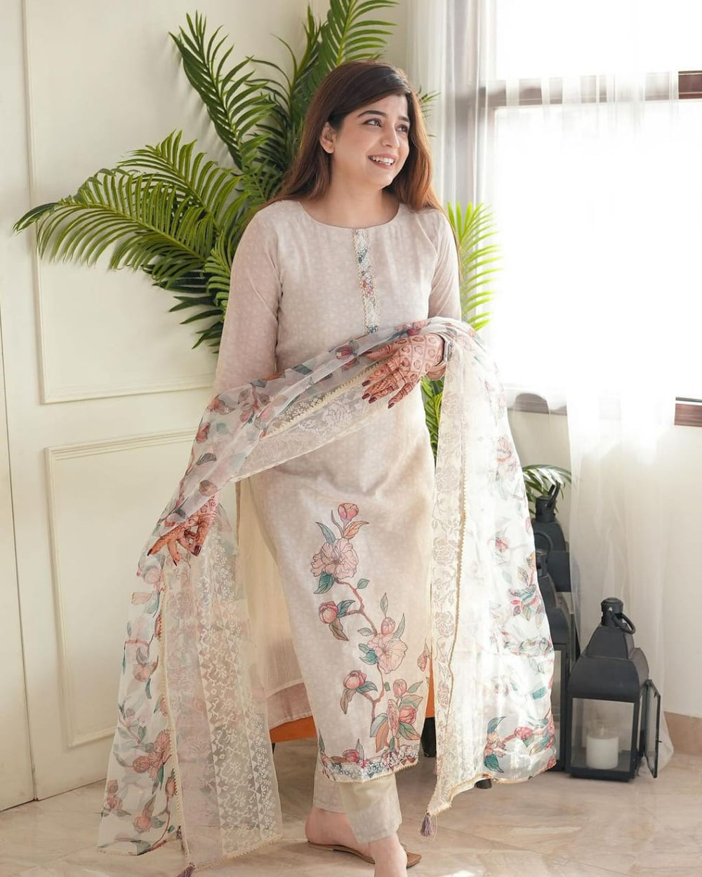 Elegant Cotton Linen Floral Suit Set